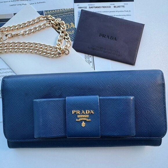 Prada Saffiano Blue Leather Long Wallet. 3 Way Use. W/no Brand Chain - Picture 1 of 16